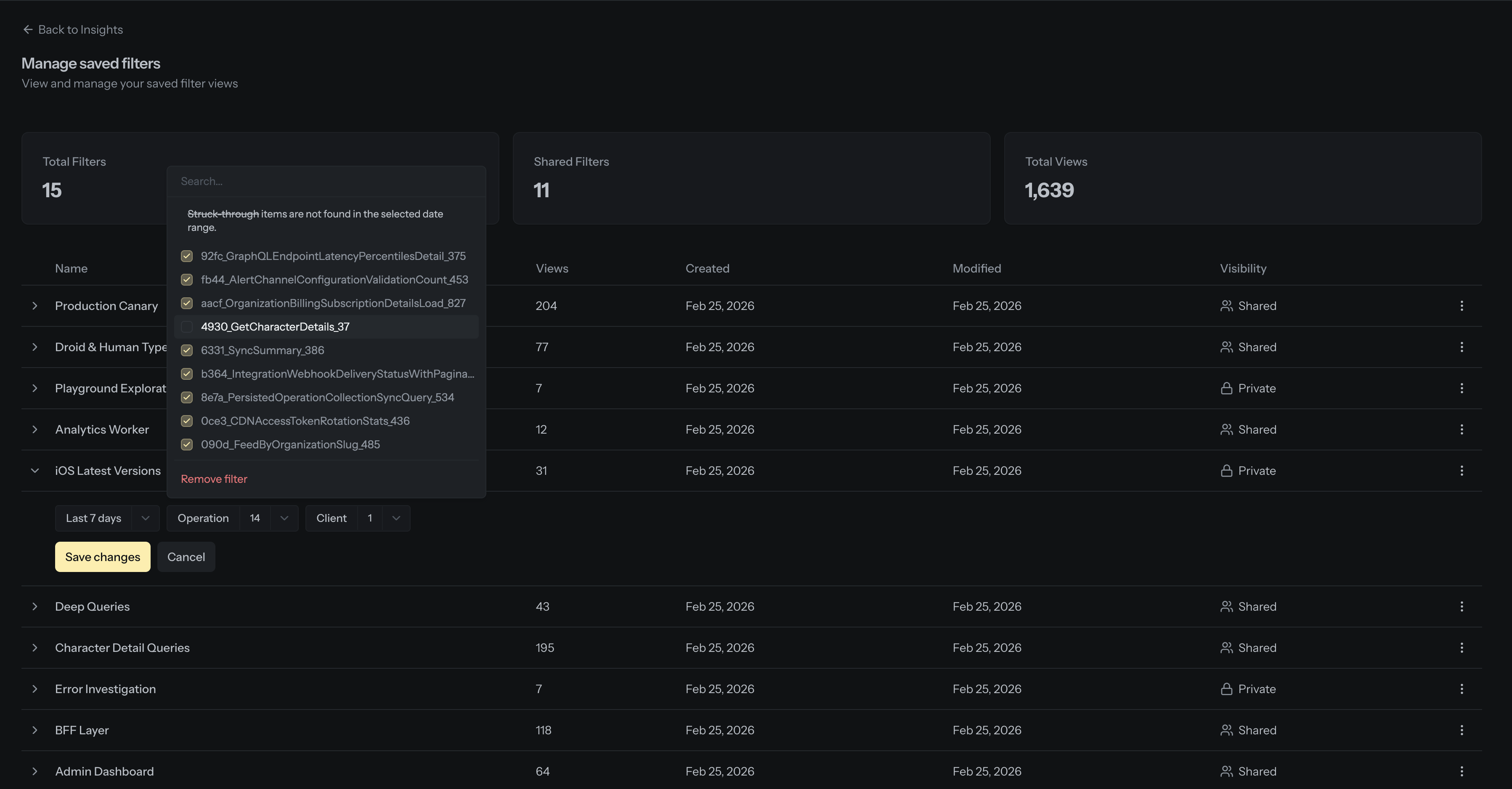 The manage saved filters page showing a table of saved filter views